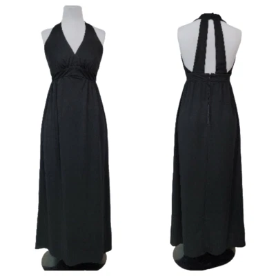 Maxi Disco Hippy Vintage Años 70 Negro Tejido Dbl Poli Halter Recorte Espalda Cintura Imperio Foto 1 de 4