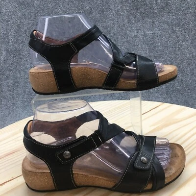 Sandalias Taos para mujer 7-7,5 Universe con tiras de cuero negro punta abierta gancho y lazo Foto 1 de 4
