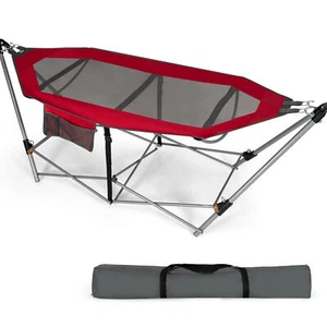 Folding Hammock Indoor & Outdoor Hammock with Side Pocket & Iron Stand Red - Picture 1 of 10