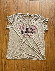 Vintage Harley Davidson Women's 2W Shirt Gray Pink Beaded Flames Heart Y2K - Picture 1 of 9