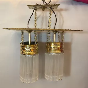 Jugendstil Deckenlampe antik Messing Glasstäbchen Glasröhrchen Lampe 2 flammig - Bild 1 von 24