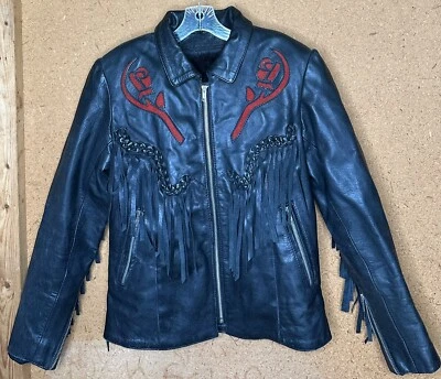 Vtg 80s Cut Out Rose Biker Motorcycle Exotic Heavy Leather Jacket w Liner Sz M - Image 1 of 4