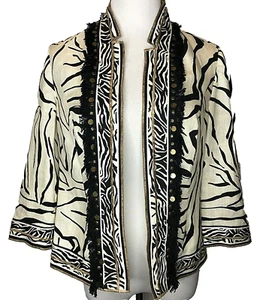 Chaqueta abierta Chico’s de lino con estampado de cebra con flecos y cuentas talla 0 o S - Imagen 1 de 11