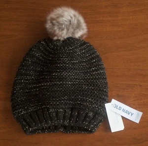 NEW Old Navy Girls Size M Black & Gold Sparkle Knit Hat Faux Fur Pom Pom - Picture 1 of 4