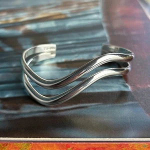 Hallmarked STERLING SILVER 925 Mexico TAXCO Double Cuff Wave Bangle Modernist - Picture 1 of 13