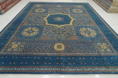 12x15 ft Blue Mamluk Turkish Hand Knotted Wool Medallion Rug - Image 1 of 4