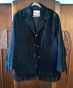 EXCELLED Men's Black Suede Western Cowboy Fringe Large Lined Jacket & Pockets - Picture 1 of 6