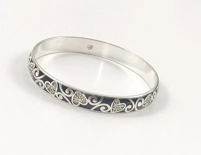 Brighton Retired Hearts Silver Crystals Black Enamel Bangle Bracelet. #688 - Image 1 of 4