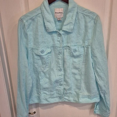 Tommy Bahama Two Palm Raw Edge Linen Button Front Light Blue Jacket - Image 1 of 4