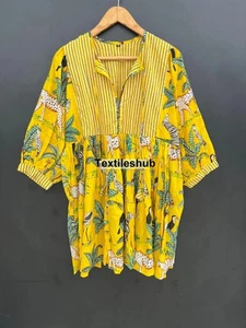 Indian Cotton Yellow Striped Tiger Maxi Gown Deep Neck Dress Women's Clothing US - Picture 1 of 6
