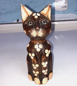 Hand Carved Painted Wooden Cat Figure Statue 7.5" - Picture 1 of 7