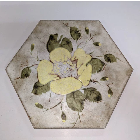 Vintage Hand painted Italian hexagonal floral trivet yellow flower tile Clay Cover