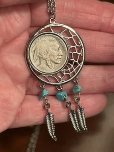 Antique 1930 Buffalo Nickel Necklace With Turquoise & Feathers Silver Tone 28” - Picture 1 of 5
