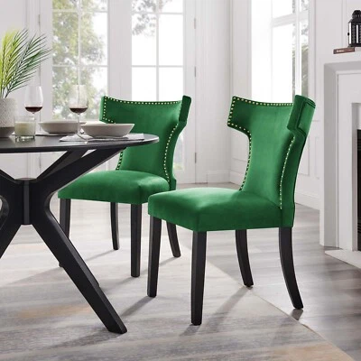 Curve Upholstered Fabric Dining Chairs With Nailhead Trim in Emerald - Set of 2 - Image 1 of 4