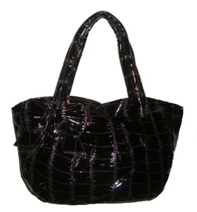 NEW SHINY AUBERGINE DESIGNER INSPIRED CELEB BOW HANDBAG - Picture 1 of 3