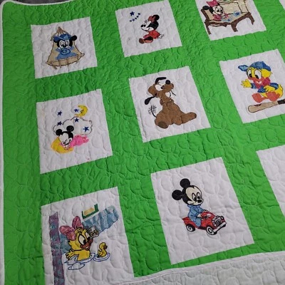 Vtg Handmade Disney Large Quilt Blanket Micky Minnie Mouse Donald Duck Painted - Image 1 of 4