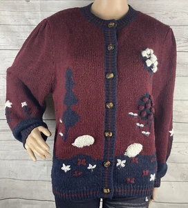 Classix Cardigan Sweater Large Burgundy Navy Blue Fluffy White Sheep Shepherd - Picture 1 of 12