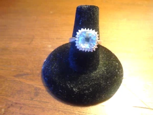STERLING SILVER  SQUARE AQUA MARINE GEMSTONE RING  SURROUNDED BY CZ SIZE 6 - Picture 1 of 5