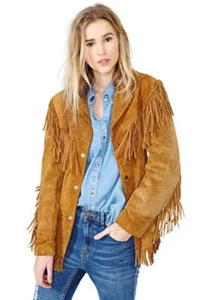 Western women dress cow lady suede leather fringe coat jacket - Picture 1 of 2