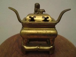 Chinese gilt bronze / brass fang ding incense burner censer and cover with stand - Picture 1 of 15