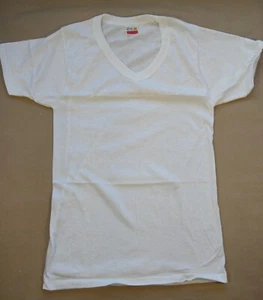 NUEVO STOCK ANTIGUO Vintage Harvey Woods 50-50 Camiseta Cuello en V Blanca Delgada PEQUEÑA - Imagen 1 de 5