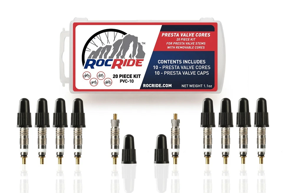 RocRide Presta Valve Cores with Removal Tool and Plastic Caps (10-Pack) Silver - Image 1 of 4