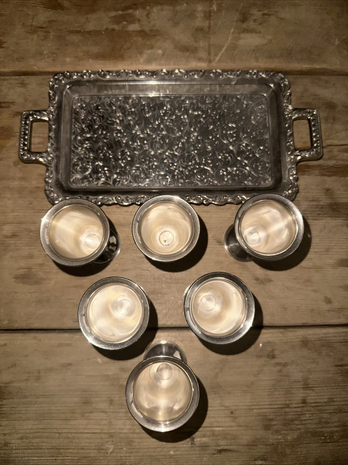 Set/6 Towle Sterling Silver Pedestal Cordials  3” #58 W/Chrome Decorative Tray - Image 1 of 4