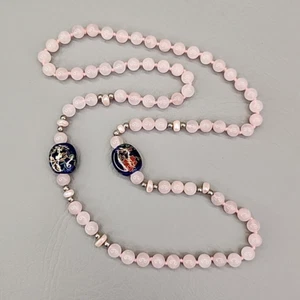 Rose Quartz Beaded Necklace Pink Porcelain Blue Station Beads Silver Tone 31" - Picture 1 of 12