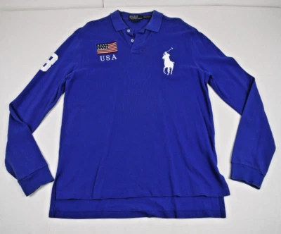Camisa Polo Ralph Lauren Vintage LS Talla L Años 90 Azul Polo Blanco Banderas EE. UU. Número 3 Foto 1 de 4