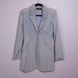 Akira Alix Faux Pearl Stone Beaded Embellished Cotton Denim Blazer Jacket Dress - Imagen 1 de 3