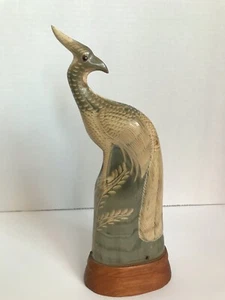 RARE VINTAGE HAND CARVED WATER BUFFALO HORN PEACOCK GLASS EYES 11" - Picture 1 of 9