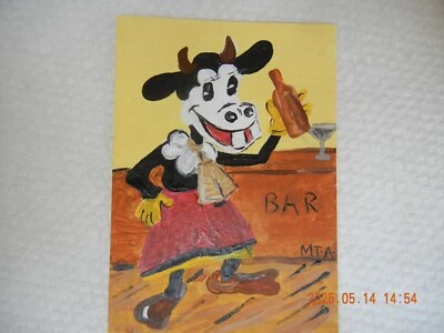 ACEO Original Clarabelle Cow  beer painting Acrylic on paper 3.5 x 2.5 - Image 1 of 4