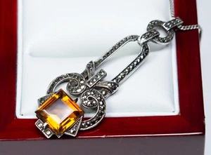 935 Argento - Antico Grande Art Deco Rimorchio - Citrino E Markasite - Foto 1 di 6