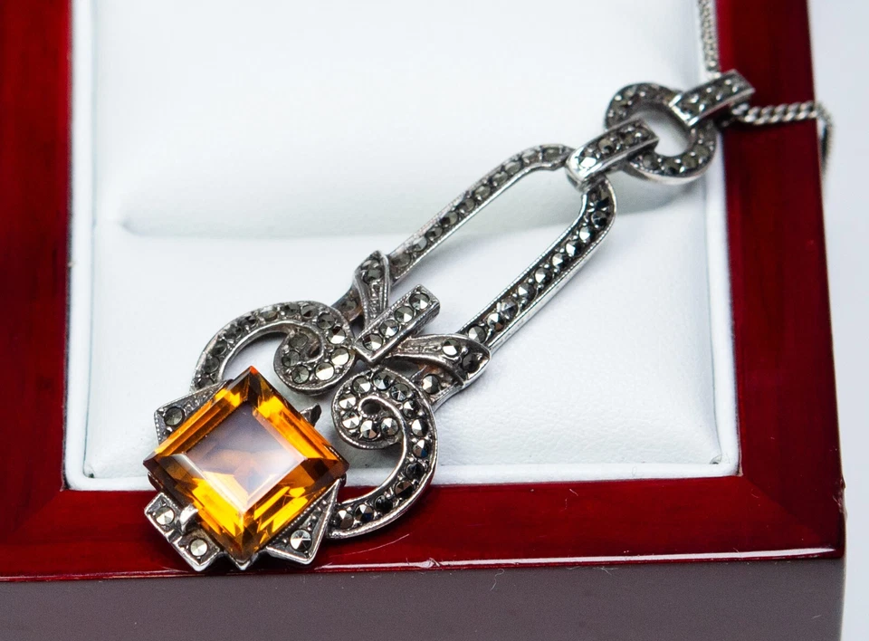 935 Argento - Antico Grande Art Deco Rimorchio - Citrino E Markasite - Immagine 1 di 4