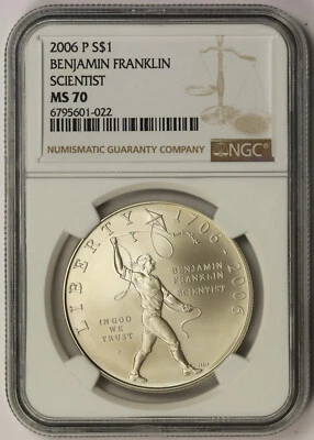 2006-P Benjamin Franklin Scientist Silver Modern Commemorative $1 MS 70 NGC - Image 1 of 4