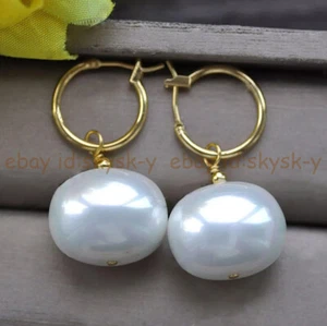 White Egg South Sea Shell Pearl Imitation Pearl Oval Beads Dangle Hoop Earrings - Picture 1 of 6