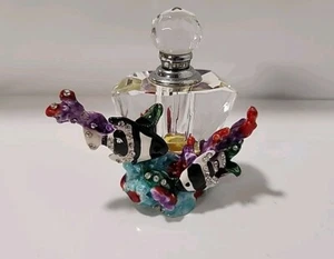 RARE Perfume bottle metal base ceramic Painted coral & Fish design Heavy glass - Picture 1 of 5