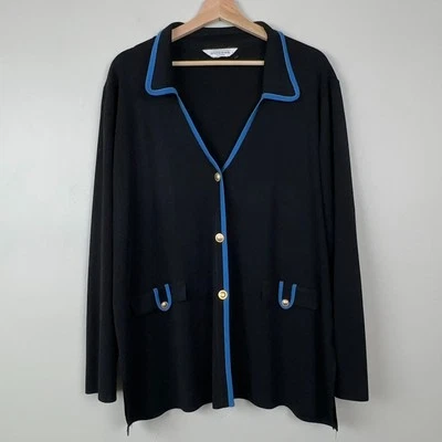 Misook Cardigan Women 2X Knit Sweater Jacket Blazer Button Up Blue Trim Stretch - Image 1 of 4