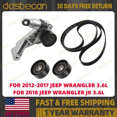 Drive Belt Kit w/ Tensioner & Idler Pulleys For JEEP WRANGLER JK 3.6L 2012-2018 Foto 1 de 4