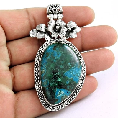 Pendente In Argento Sterling 925 Con Gemma Di Malachite E Azurite Per Donne - Immagine 1 di 4