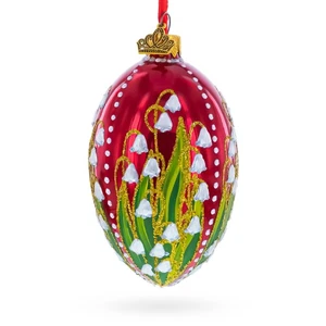 Lily of the Valley on Glossy Red Egg Glass Ornament 4 Inches - Picture 1 of 5