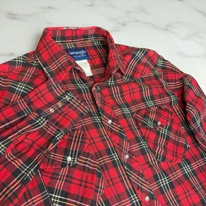 VTG Wrangler Pearl Snap Flannel Mens Lrg Lightweight Brush Popper Western Red - Picture 1 of 9