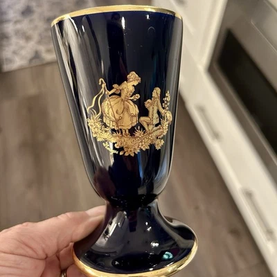 Limoges Castel Porcelain Cobalt Blue Gold Fragonard Courting Couple Chalice - Image 1 of 4