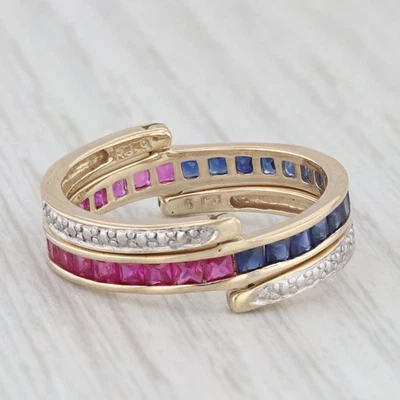 2.10ctw Lab Created Ruby Sapphire Diamond Reversible Flip Ring 10K Gold Size 9 - Image 1 of 4