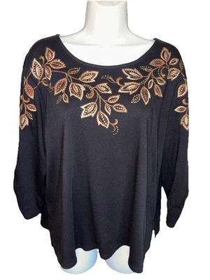 Блузка Alfred Dunner рукав 3/4 черная вышивка металлик осенние листья размер PXL - Изображение 1 из 4