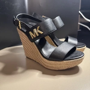 Michael Kors Black Deanna Leather Jute Wedge Platform For Women Size 5.5 - Picture 1 of 5