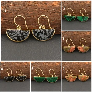 Natural Unakite Snowflake Obsidian 24k Gold Plated D Shape Drop Dangle Earrings  - Picture 1 of 25