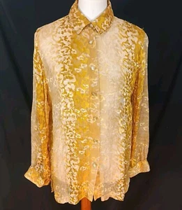 Vtg Drapers & Damons Women's S Silk Blend Y2K Velvet Burnout Sheer Gold Shirt - Picture 1 of 10