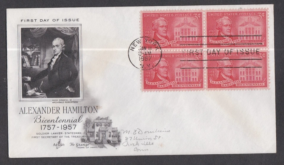 USA 1957 FIRST DAY COVER ALEXANDER HAMILTON BICENTENNIAL BLOCK OF 4 + CACHET - Image 1 of 1
