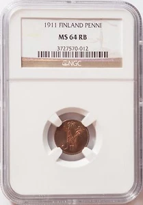 Finland Russia Tsar Nicolas II Copper Coin - 1911 1 Penni MS 64 RB NGC Choice! - Picture 1 of 5